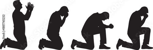 Set of Black Silhouettes Featuring a Man Kneeling in Prayer and Deep Reflection with Various Emotional Poses Isolated on a Clean White Background for Design