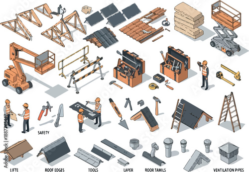 Isometric Construction and Roofer Tools and Materials Illustration