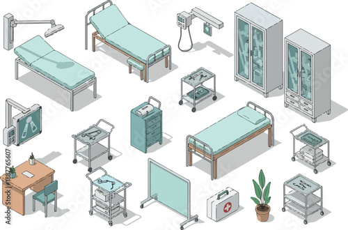 Isometric Medical Equipment Illustration Beds, Tables & Cabinets