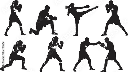 Collection of Professional Black Silhouettes Featuring Male and Female Boxers and Kickboxers in Various Combat Poses Stances and Action Movements Isolated on White Background