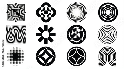 A collection of geometric and abstract designs. There are various shapes like circles, rectangles, and wavy lines. Some of these shapes are filled with dots, creating a halftone effect. 