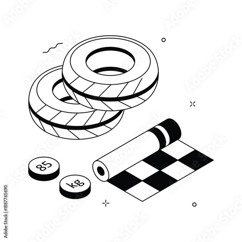 A trendy isometric illustration featuring tyre exercise strength training