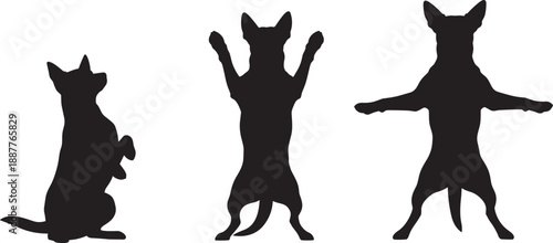Playful Black Silhouettes of a Small Dog in Various Cute Poses Including Standing on Hind Legs and Begging Isolated on a White Background