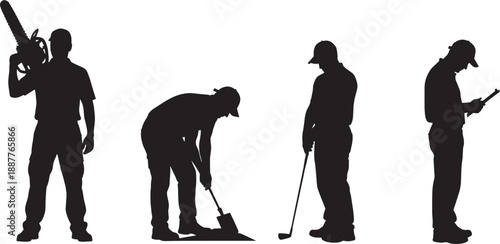 Collection of Professional Black Worker Silhouettes Featuring Men Operating a Chainsaw Digging with a Shovel and Playing Golf Isolated on a Clean White Background
