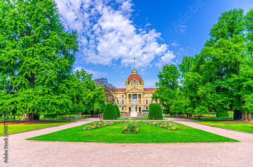 Palais du Rhin Palace of the Rhine German architecture style building, War memorial statue and garden on Republic Square in Strasbourg city centre Neustadt district, Alsace Grand Est region, France