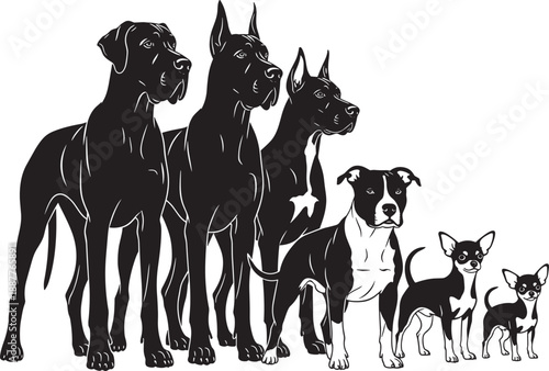 Collection of Diverse Dog Breed Illustrations Featuring Great Danes Pitbulls and Chihuahuas in Black and White Silhouette Style Isolated on a Clean White Background