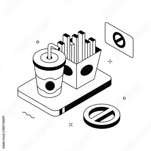 Isometric illustration highlighting fast food prohibition for healthy living