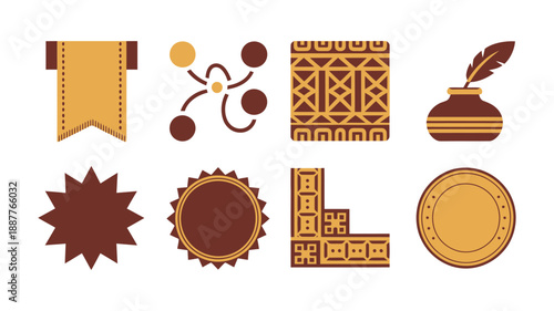 Vintage stationery seal set with ink bottle, quill pen, wax stamp, ornate corners, ribbon tags, rosette labels and starburst badges