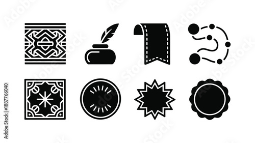 Classic black icon set with ornamental tiles, ink pen, film strip, connection nodes, starburst seals and decorative badge frames