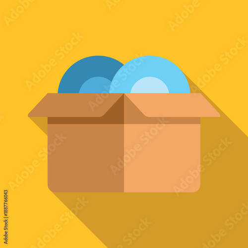 Cardboard box holding dishes ready for a household move, set against a yellow background