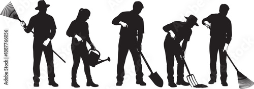 Collection of Black Silhouettes Featuring Men and Women Farmers Gardening and Working With Tools Like Rakes Shovels and Watering Cans on White Background