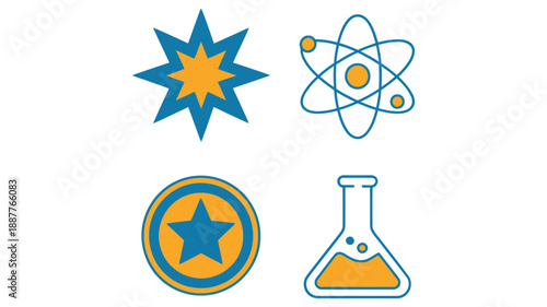 Stem education icon collection, shining star badge, atom orbit, chemistry flask, science week marketing, classroom banner, academic achievement celebration graphics
