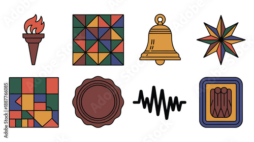Heritage celebration icon set, freedom torch, kente quilt blocks, ringing bell, star badge, wax seal, sound waveform, drum panel design
