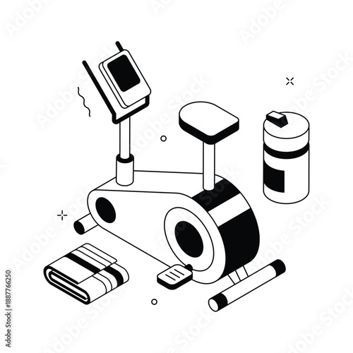Well designed isometric illustration showing gym cycling cardio workout