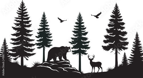 Black silhouette of wild nature forest landscape with a large grizzly bear standing on a rock buck deer and evergreen pine trees for wildlife adventure