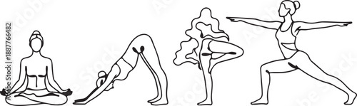Minimalist Black Line Art Set of Female Yoga Poses Vector Illustration isolated PNG with Transparent Background