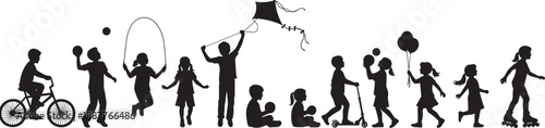 Black silhouette collection of children playing diverse activities including bicycling jumping rope flying kite and skating isolated on white background for childhood recreation design