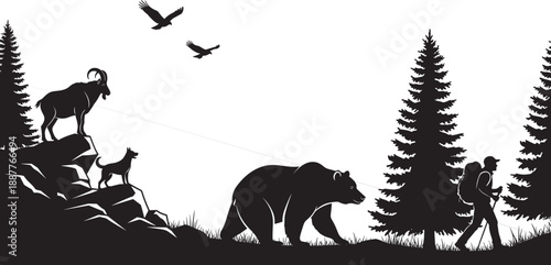 Black silhouette of wild nature mountain landscape with grizzly bear hiking man with backpack mountain goat and dog isolated on white background for adventure