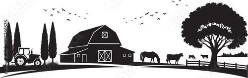 Black silhouette of a farm landscape with large barn tractor grazing horses and cattle under a leafy tree isolated on white background for agriculture