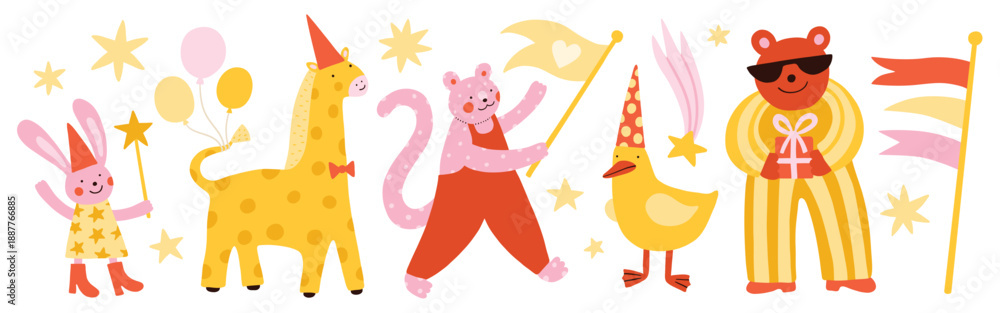 Fototapeta Cute fun cartoon party animals celebrating birthday. Happy birthday illustration set. Hand drawn funny whimsical animals, playful characters for children. Rabbit, giraffe, leopard, duck, bear. Vector