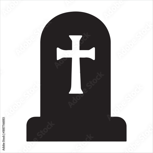 A darkly shaded tombstone graphic with a cross resting on a mound of earth silhouette 