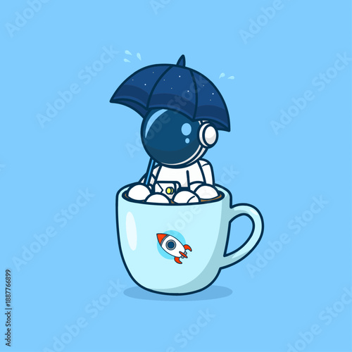 A whimsical illustration of an astronaut relaxing inside a cup of warm hot chocolate, surrounded by soft marshmallows while holding an umbrella during a rainy season.