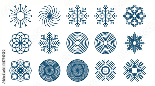 A collection of nine distinct geometric symbols. These symbols are symmetrical and appear to be made up of lines and curves