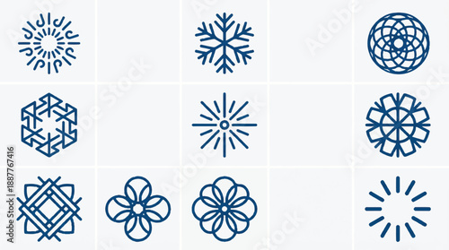 A collection of nine distinct geometric symbols. These symbols are symmetrical and appear to be made up of lines and curves