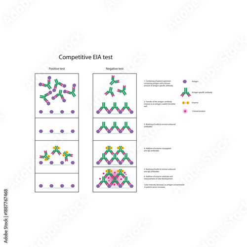 Competitive EIA test diagram showing antigen–antibody competition, enzyme-linked detection, positive and negative results, and inverse color–antigen relationship diagram