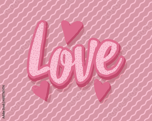 3d love happy valentine's day, volumetric lettering pink poster, vector illustration