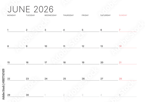 June 2026 Monthly Calendar Template streamlines business tasks with minimalist blank lines, perfect for planning sessions and workflow optimization in office settings, vector illustration