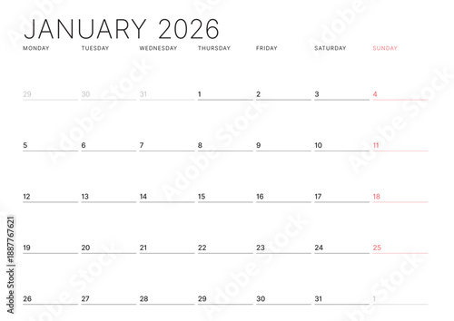 January 2026 Monthly Calendar Template enhances productivity with minimalist blank lines, ideal for office use and planning routines, boosts focus in business settings, vector illustration