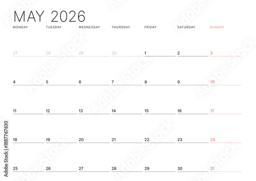 May 2026 Monthly Calendar Template refines executive strategies using minimalist blank lines, perfect for planning goals and focus tracking, great for business use, vector illustration