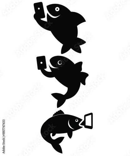 Funny cartoon fish using smartphones and taking selfies vector illustration set for social media use