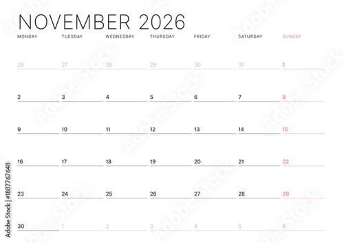 November 2026 Monthly Calendar Template strengthens team structure with minimalist blank lines, perfect for managing tasks and planning flows in office setups, vector illustration