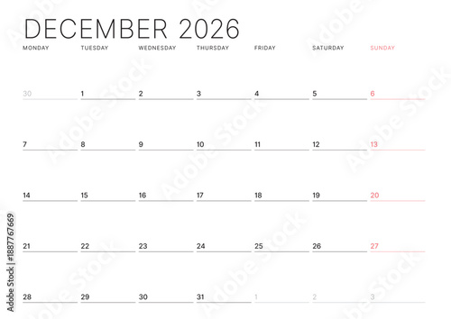 December 2026 Monthly Calendar Template improves executive planning with minimalist blank lines, ideal for business workflows and strategy meetings, supports efficiency, vector illustration