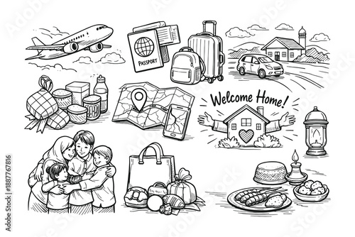 elcome home and travel homecoming vector set in hand drawn doodle style featuring happy family hug house map luggage and Indonesian food elements.