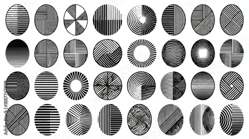 A collection of oval-shaped objects, each with a unique pattern. These patterns consist of horizontal and vertical lines of varying thicknesses and orientations 