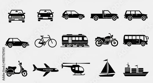 Collection of diverse transportation vehicle icons.