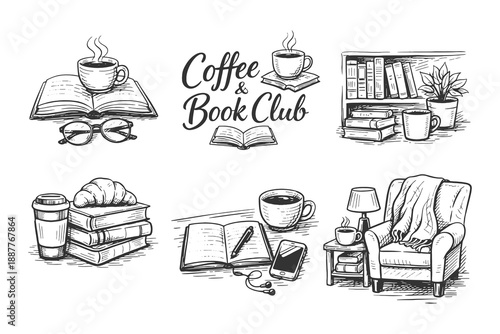 Cozy coffee and book club vector set in vintage engraving style featuring stack of books coffee mugs reading glasses and a comfortable armchair.