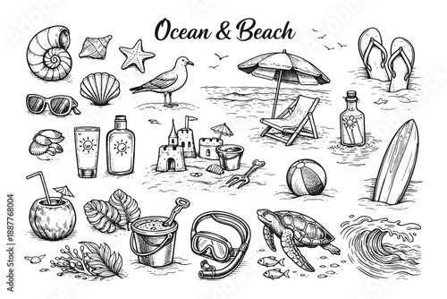 Summer ocean and beach vacation vector set in hand drawn vintage style featuring seashells surfboard palm leaves beach chair and marine life.