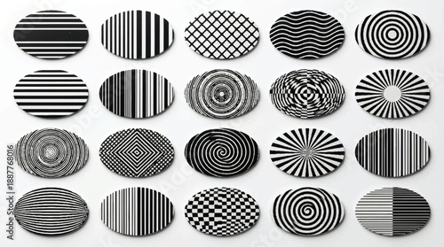 A collection of oval-shaped objects, each with a unique pattern. These patterns consist of horizontal and vertical lines of varying thicknesses and orientations 