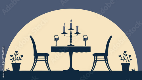 Romantic dinner setup with candles and wine glasses on a table for two in a cozy ambiance