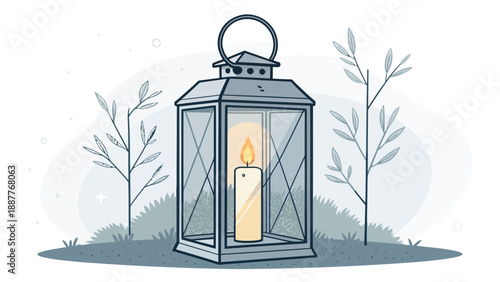 Outdoor lantern with lit candle in garden at dusk peaceful ambiance serene atmosphere vector illustration