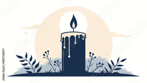 Memorial candle silhouette with melting wax and flame against a sunset background with plants