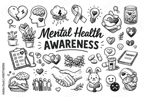 Mental health awareness vector illustration set featuring psychological wellness icons and supportive symbols in a hand drawn doodle style.