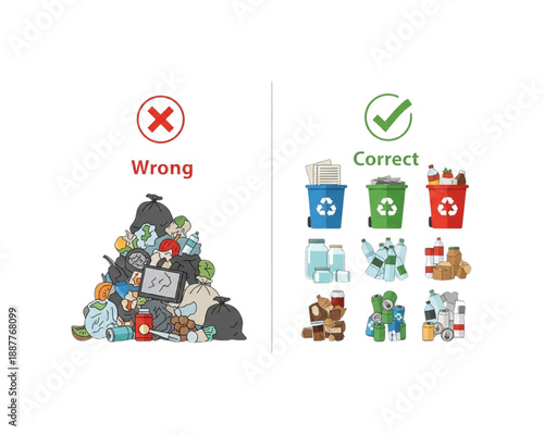 Wrong vs correct waste sorting infographic with recycling bins for paper, glass, plastic and metal, garbage separation guide for eco friendly lifestyle concept flat vector illustration