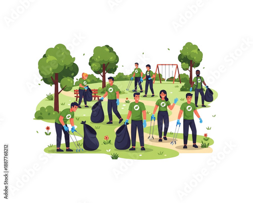 Group of volunteers cleaning park waste with trash bags and grabbers. Diverse community team picking up garbage for nature protection. Eco-friendly charity concept. Flat vector illustration.