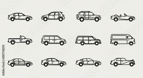Collection of Diverse Car Silhouettes in Linear Style.