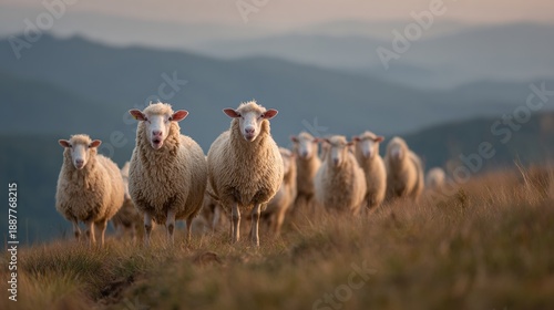 flock. A flock of sheep grazing on a green hillside under soft morning light. wildlife magazines, conservation campaigns, designed for nature documentaries and education, supports conservation.